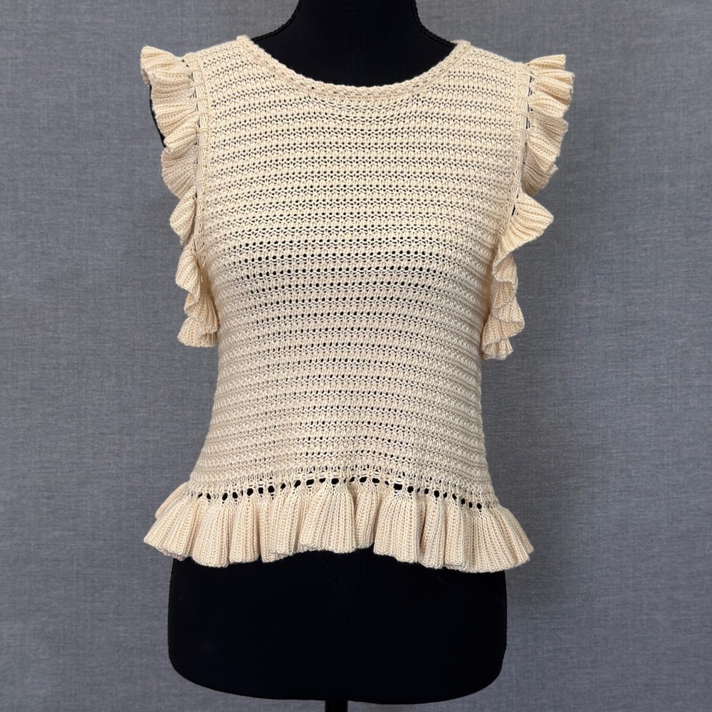 MABLE Cream Knit Ruffle Trim Sleeveless Peplum Top Size Small